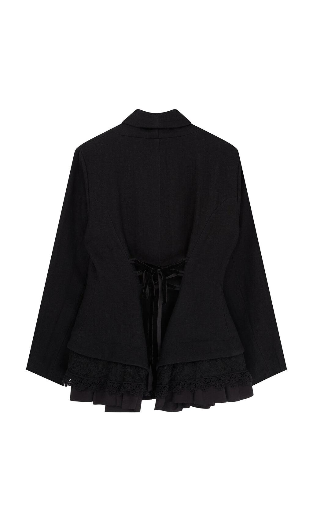 Plümo- Cara Riding Jacket: vintage-inspired black peplum with lace-up back and ruffled hem, shown from the back.