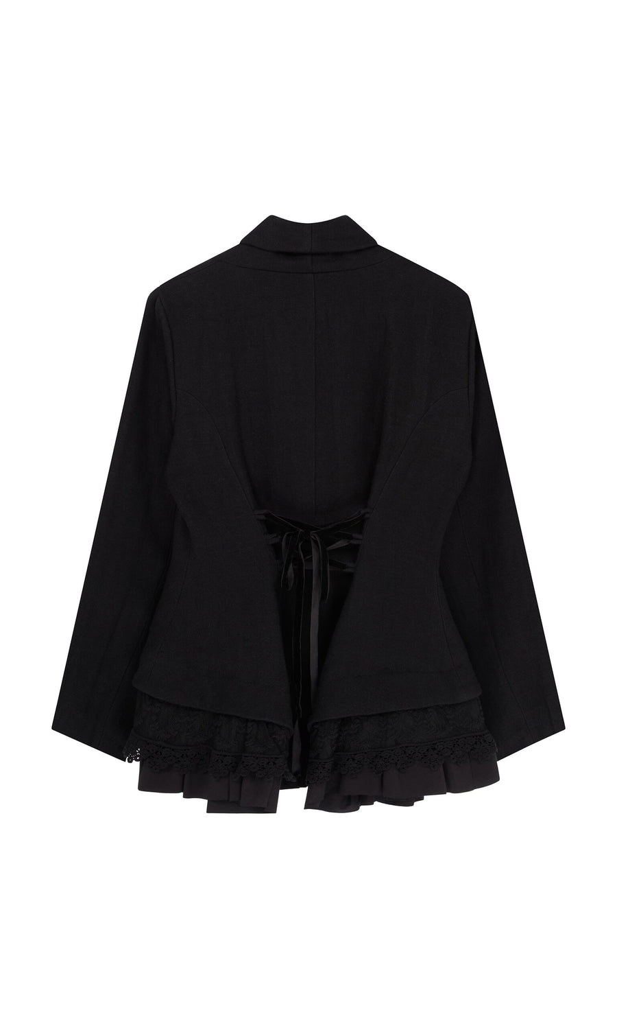Plümo- Cara Riding Jacket: vintage-inspired black peplum with lace-up back and ruffled hem, shown from the back.