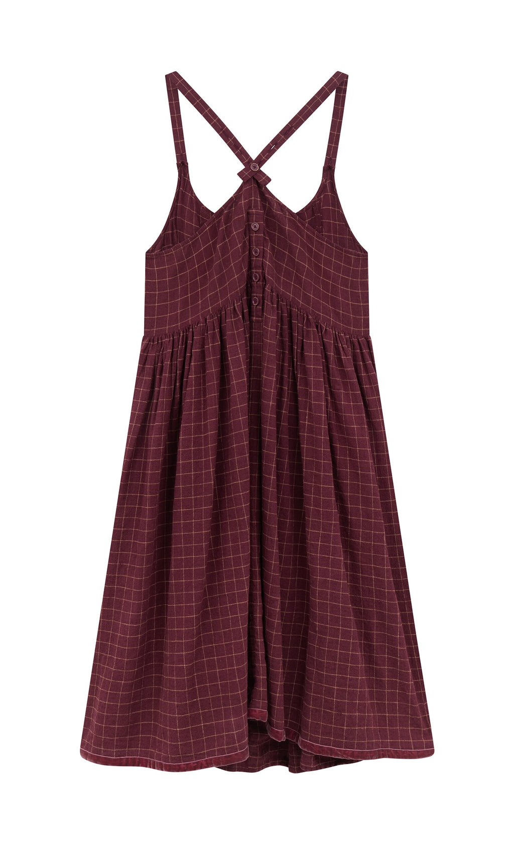 Plümo- Anja Dress: Sleeveless burgundy linen apron dress with chequered pattern, button front, and crossed back straps.