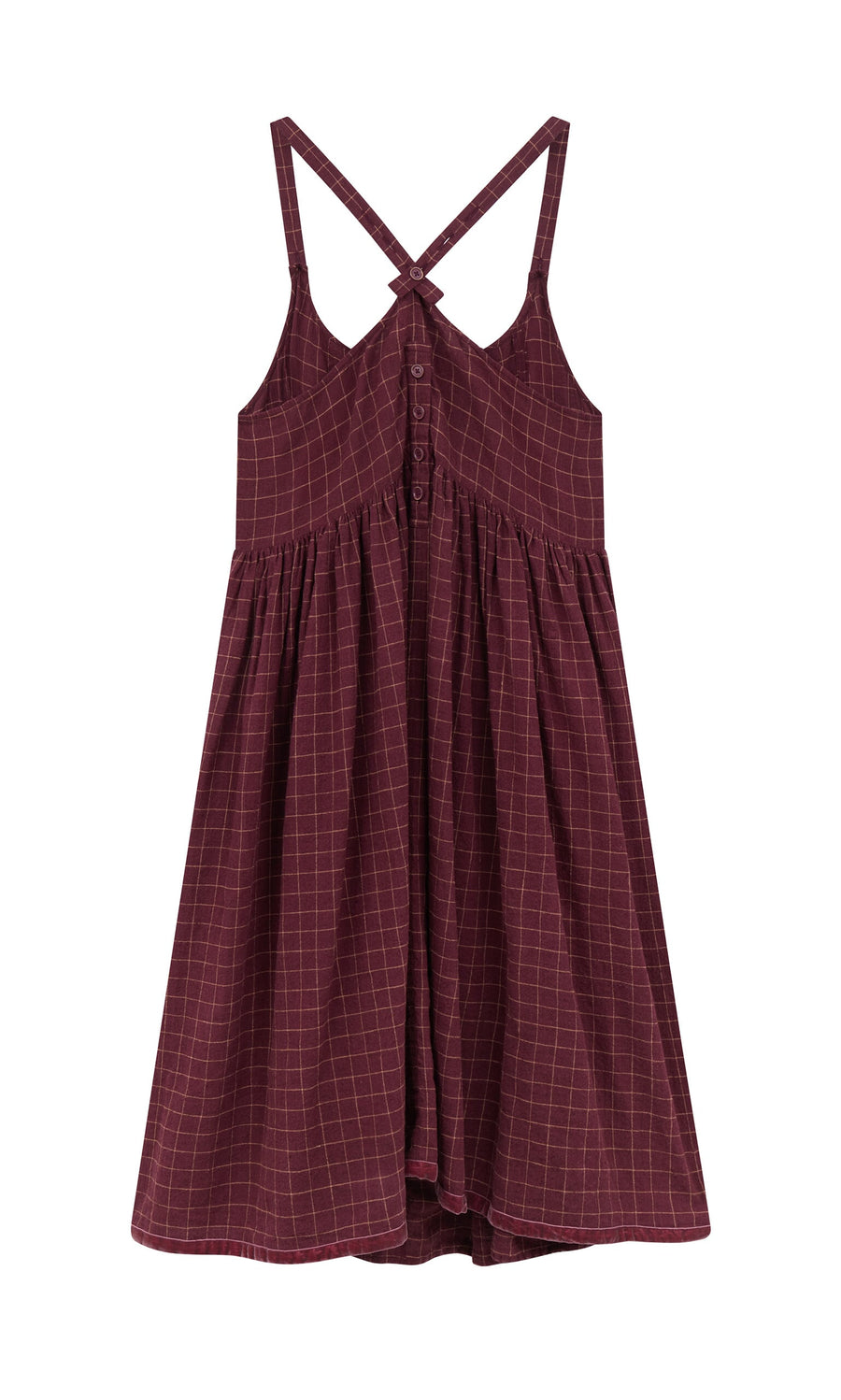 Plümo- Anja Dress: Sleeveless burgundy linen apron dress with chequered pattern, button front, and crossed back straps.