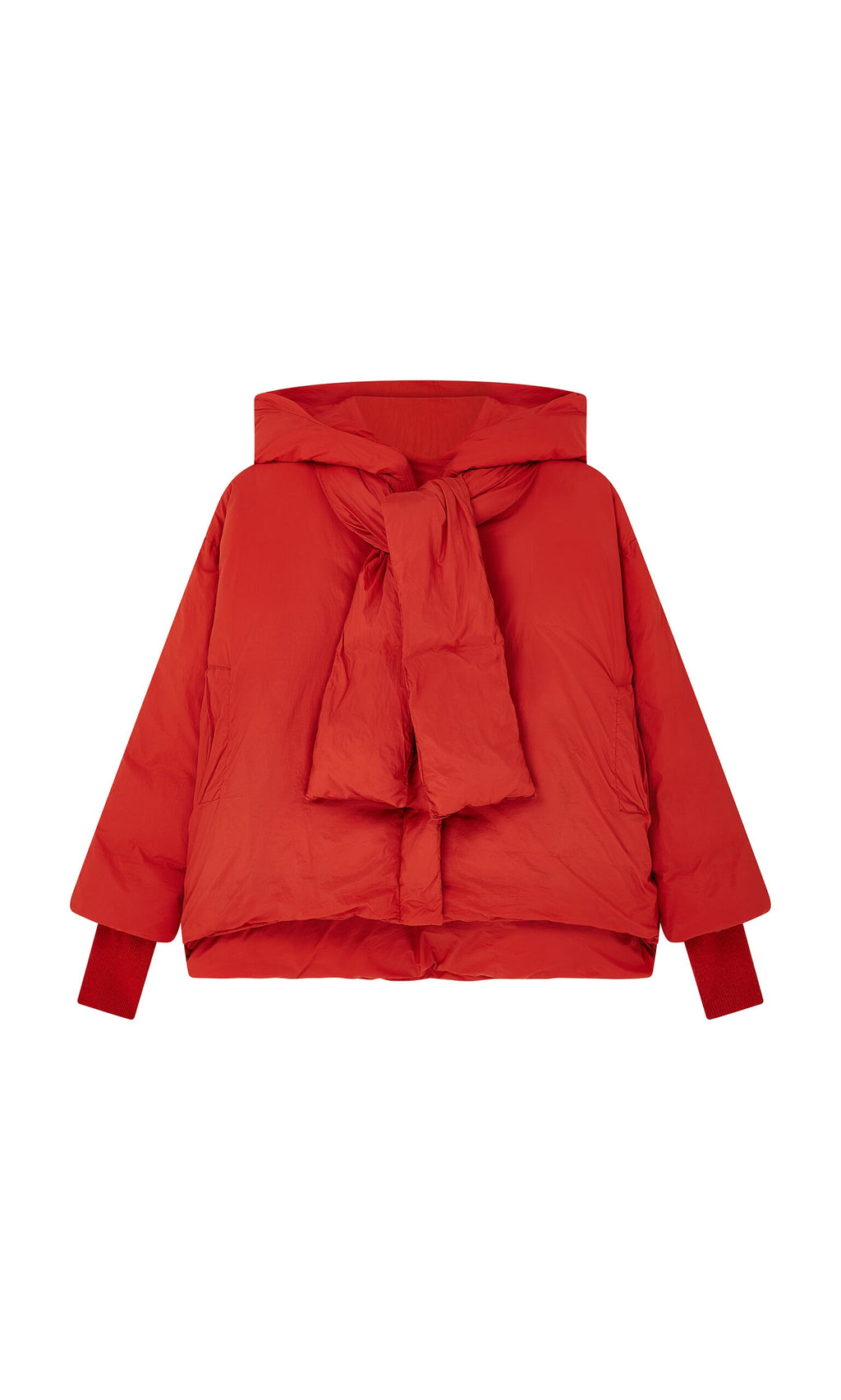 Plümo- Red Puffer coat with hood, ribbed cuffs, and detachable scarf shown on a white background.