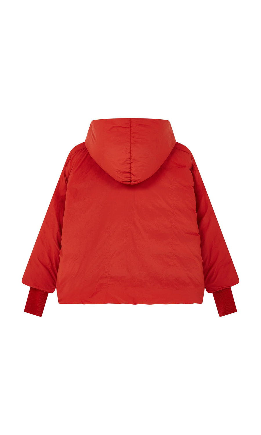 Plümo- Red Puffer coat with hood, long sleeves, ribbed cuffs, and recycled down fill, shown from the back on white background.