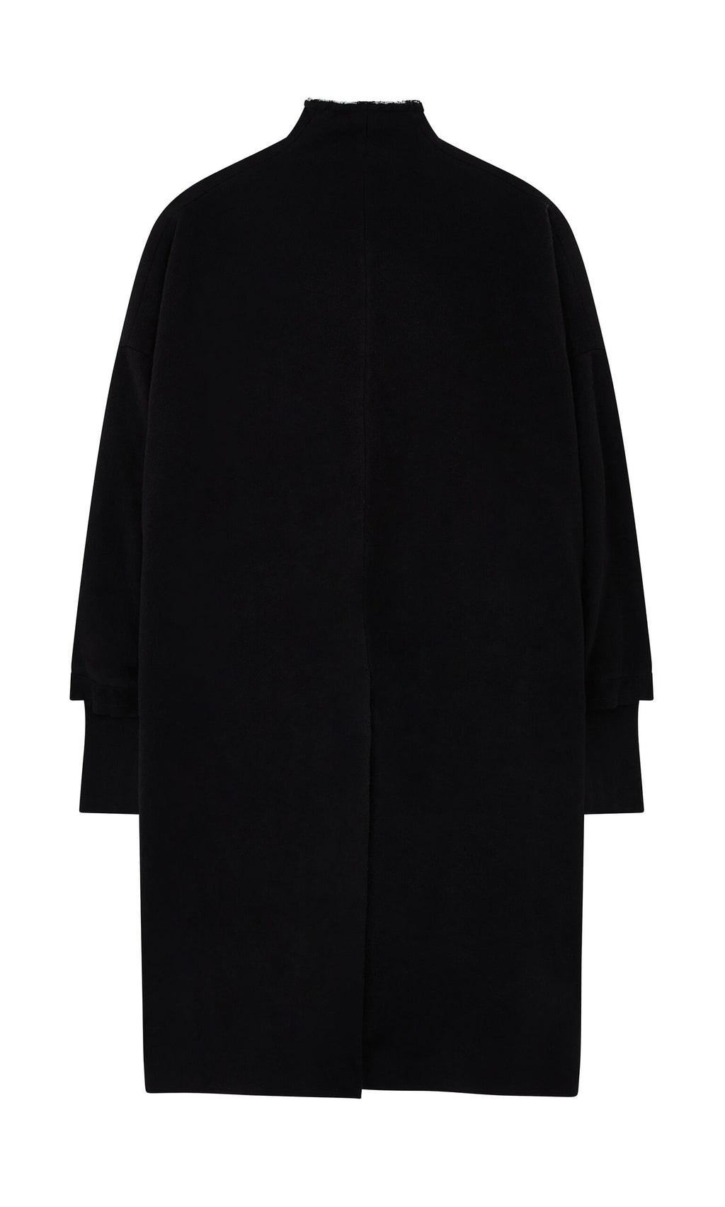 Plümo- Sigrun Coat: long black wool-cashmere coat with a straight silhouette, high neckline, and long sleeves.
