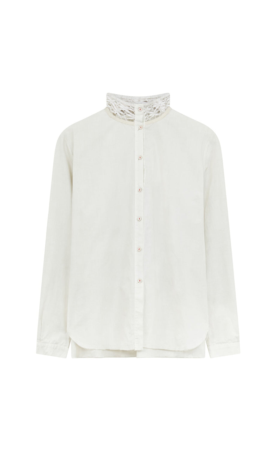 Plümo- Cleo Shirt: white long-sleeve blouse with front buttons, lace high collar, and artisanal finish on plain background.