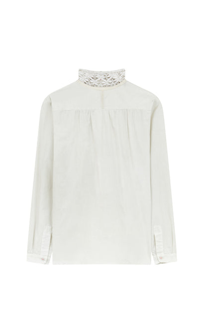 Plümo- The Cleo Shirt: white long-sleeve blouse with lace high collar, artisanal finish, back view on plain background.
