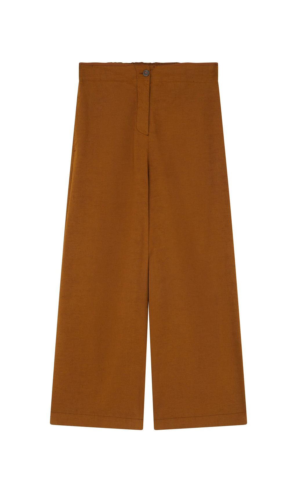 Plümo- Kapur Pants: Wide-leg, cropped brown linen pants with a flattering fit, made in Italy and shown on a white background.
