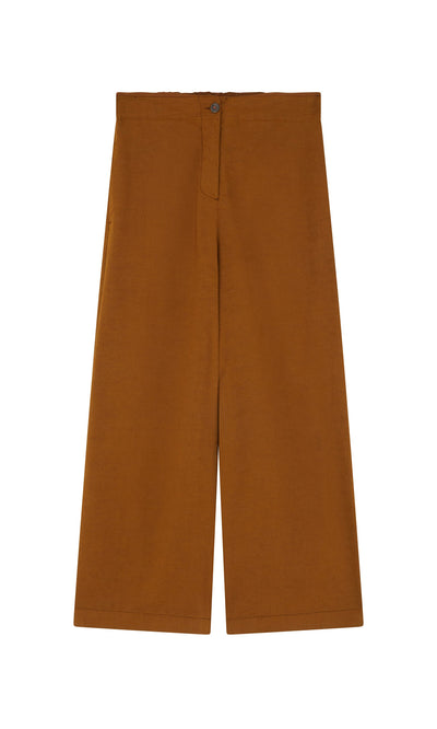 Plümo- Kapur Pants: Wide-leg, cropped brown linen pants with a flattering fit, made in Italy and shown on a white background.