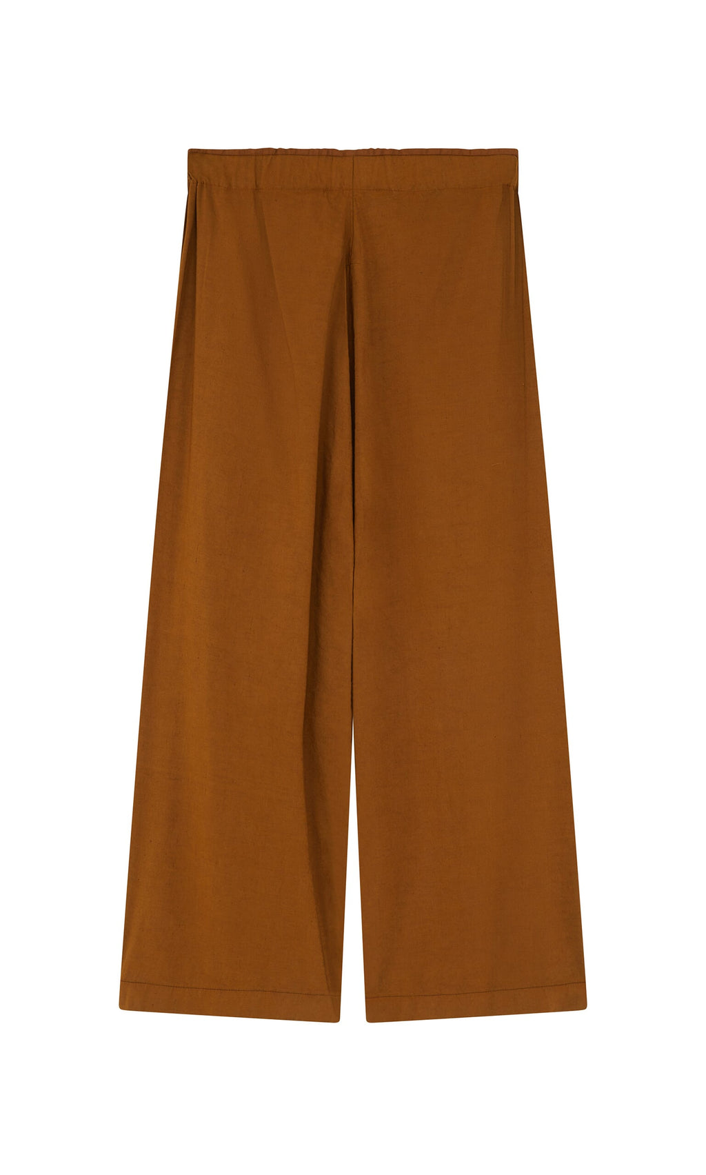 Plümo- Kapur Pants: Wide-leg brown linen with an elastic waistband and a flattering silhouette, shown on a white background.