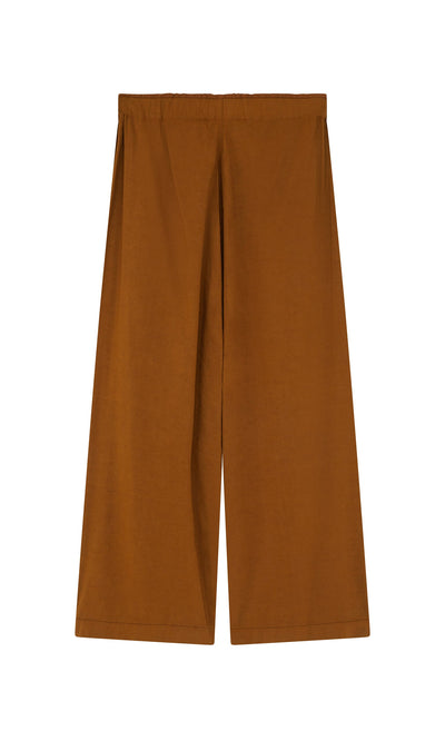 Plümo- Kapur Pants: Wide-leg brown linen with an elastic waistband and a flattering silhouette, shown on a white background.
