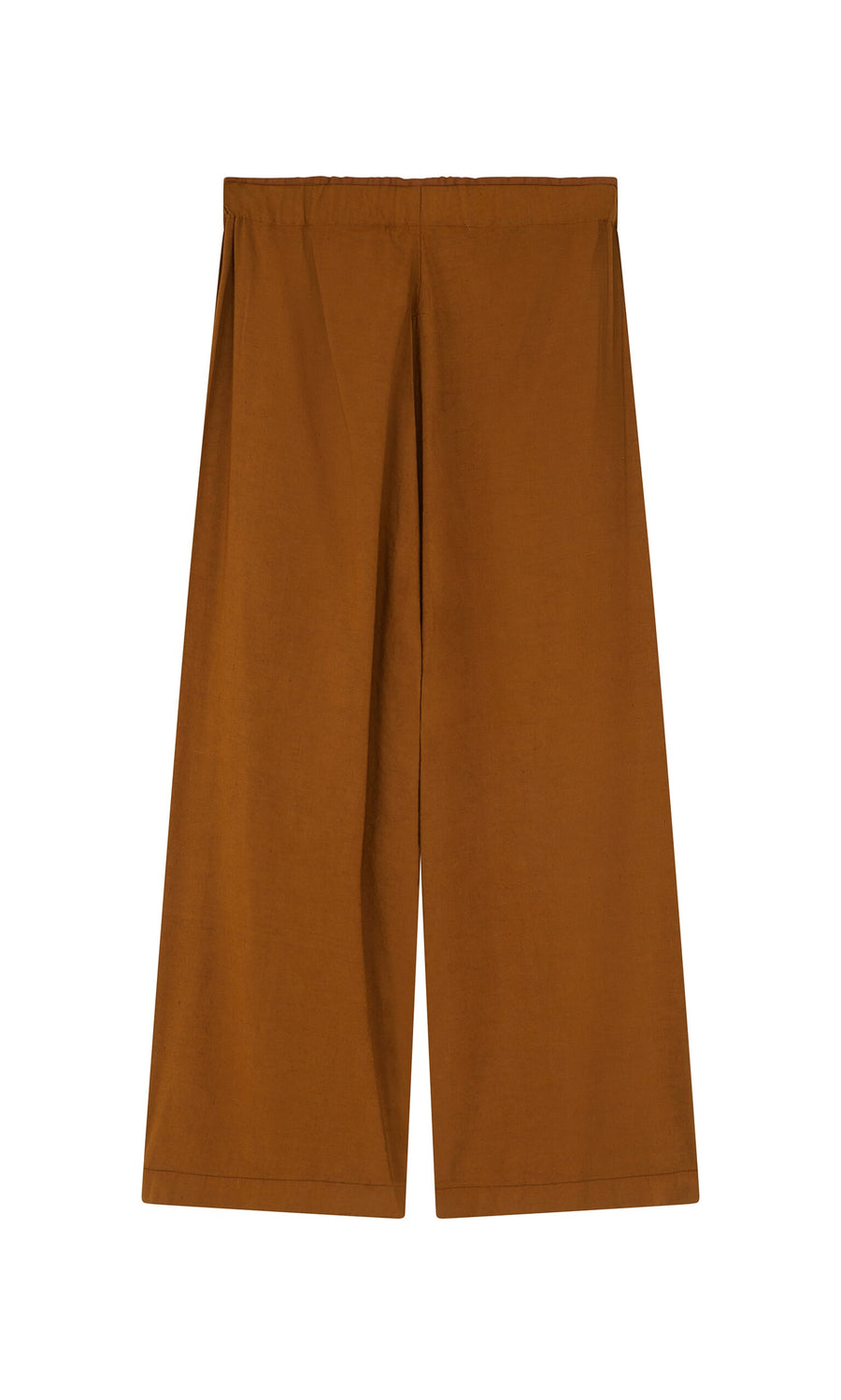 Plümo- Kapur Pants: Wide-leg brown linen with an elastic waistband and a flattering silhouette, shown on a white background.