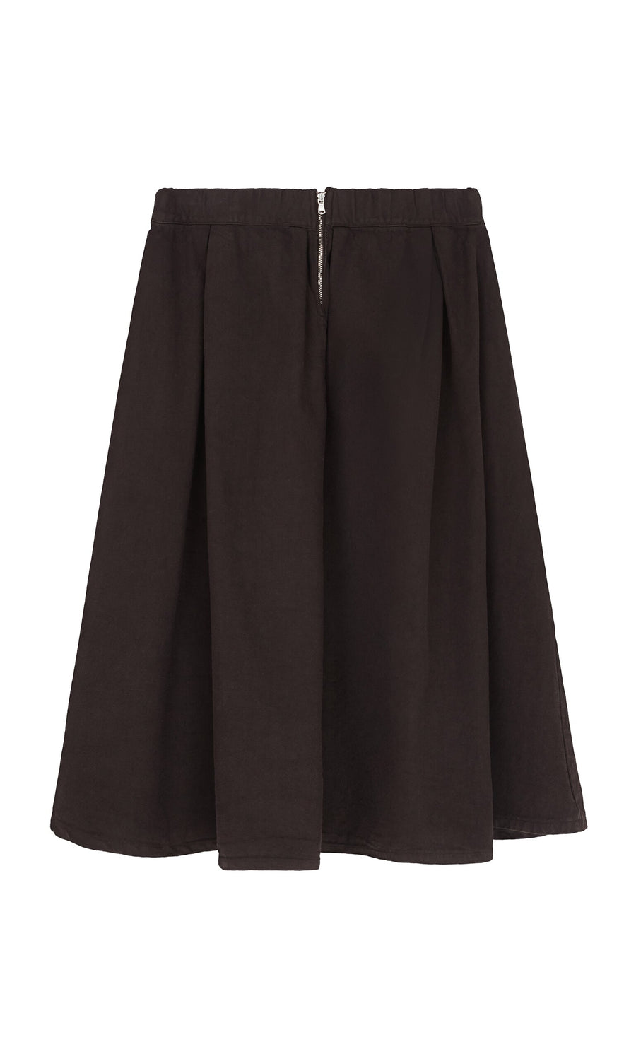 Plümo- The Allard Skirt is a black, knee-length cotton twill skirt with pleats and a visible back zipper.