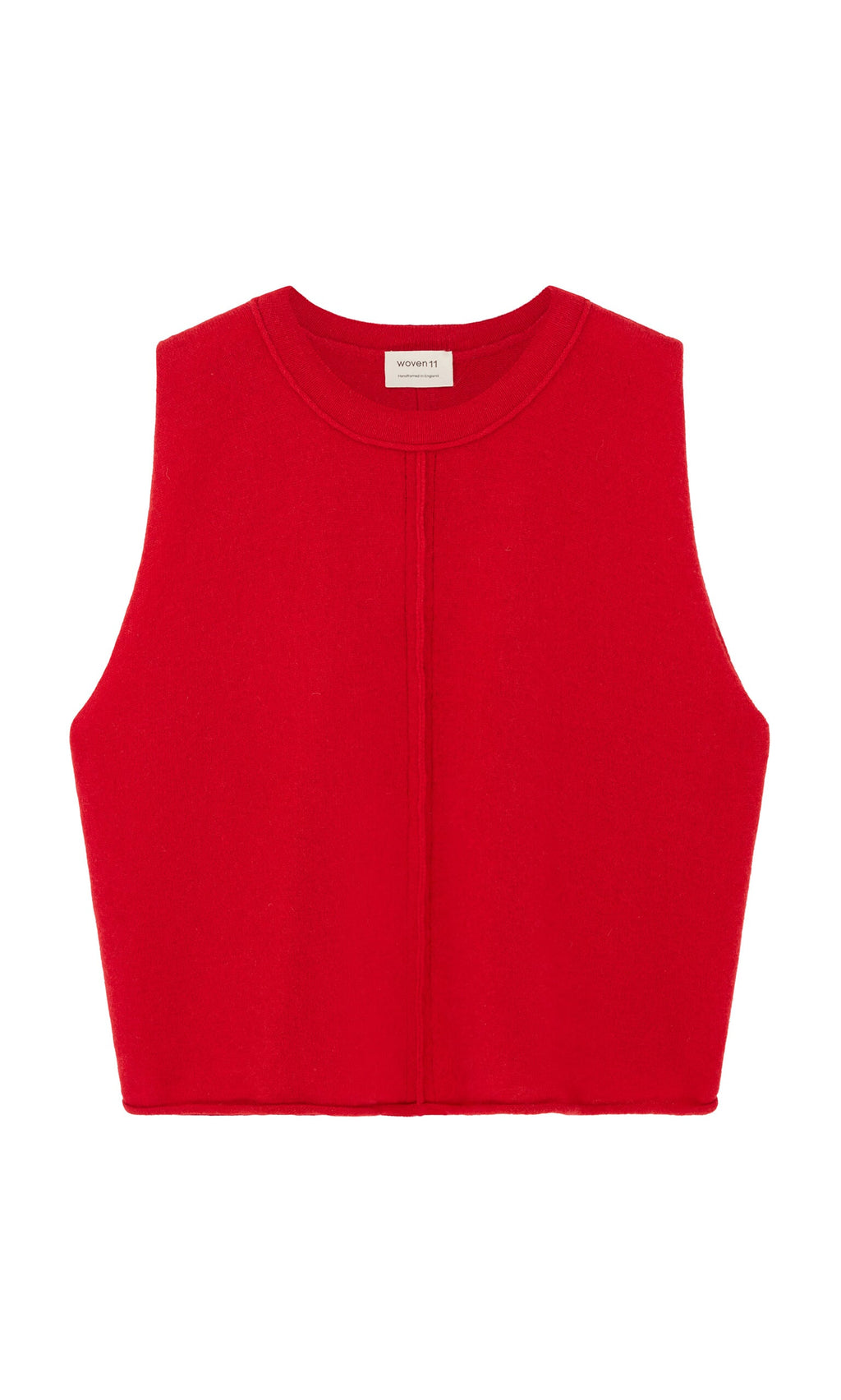 Plümo- Stella Tank: Bright red, supersoft sustainable wool cropped vest with round neckline and center seam, laid flat on white.