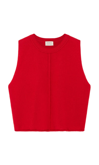 Plümo- Stella Tank: Bright red, supersoft sustainable wool cropped vest with round neckline and center seam, laid flat on white.