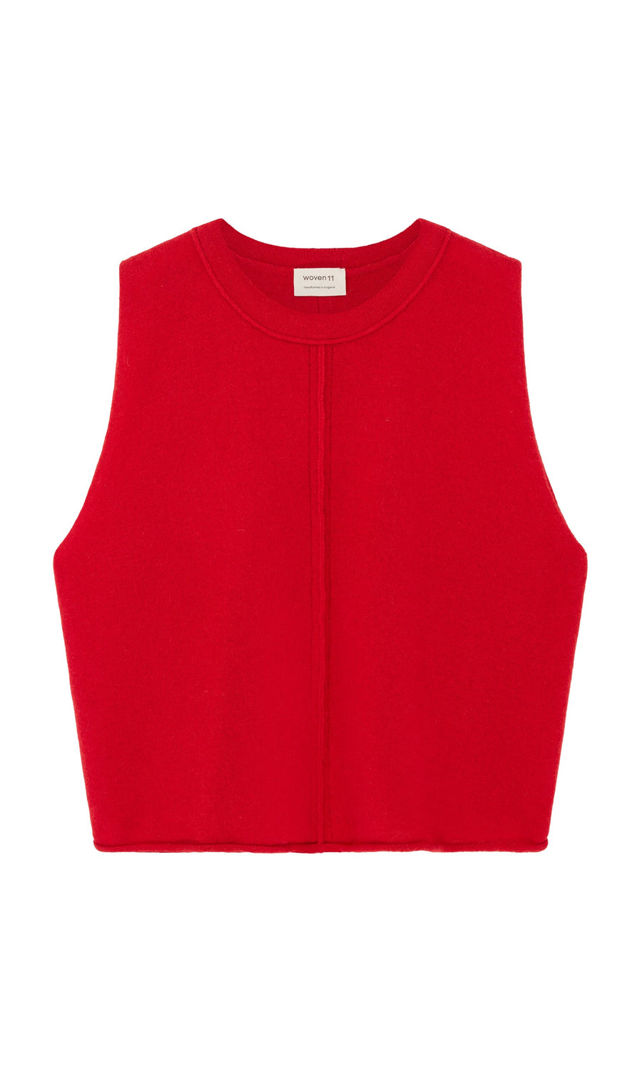 Plümo- Stella Tank: Bright red, supersoft sustainable wool cropped vest with round neckline and center seam, laid flat on white.