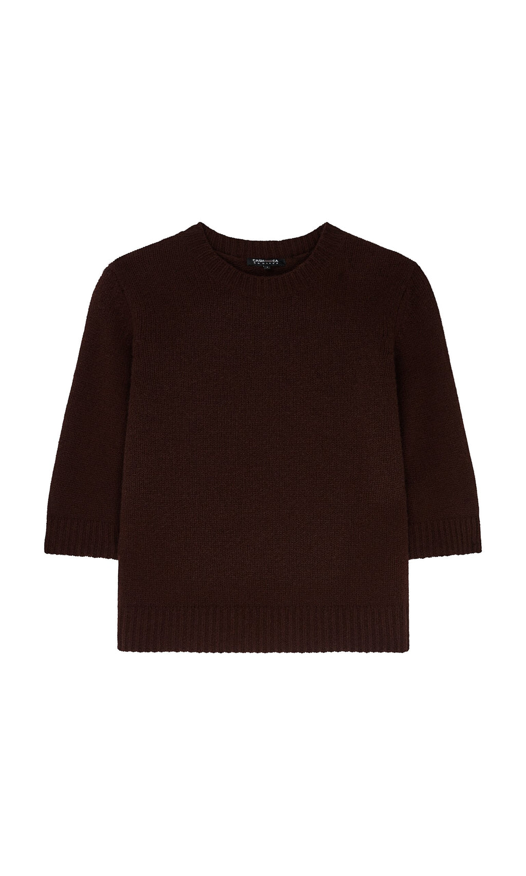 Plümo- The Bancroft Jumper: dark brown, short-sleeve crew neck in supersoft merino wool, boxy fit, shown on white background.