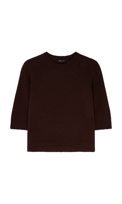 Plümo- The Bancroft Jumper: dark brown, short-sleeve crew neck in supersoft merino wool, boxy fit, shown on white background.