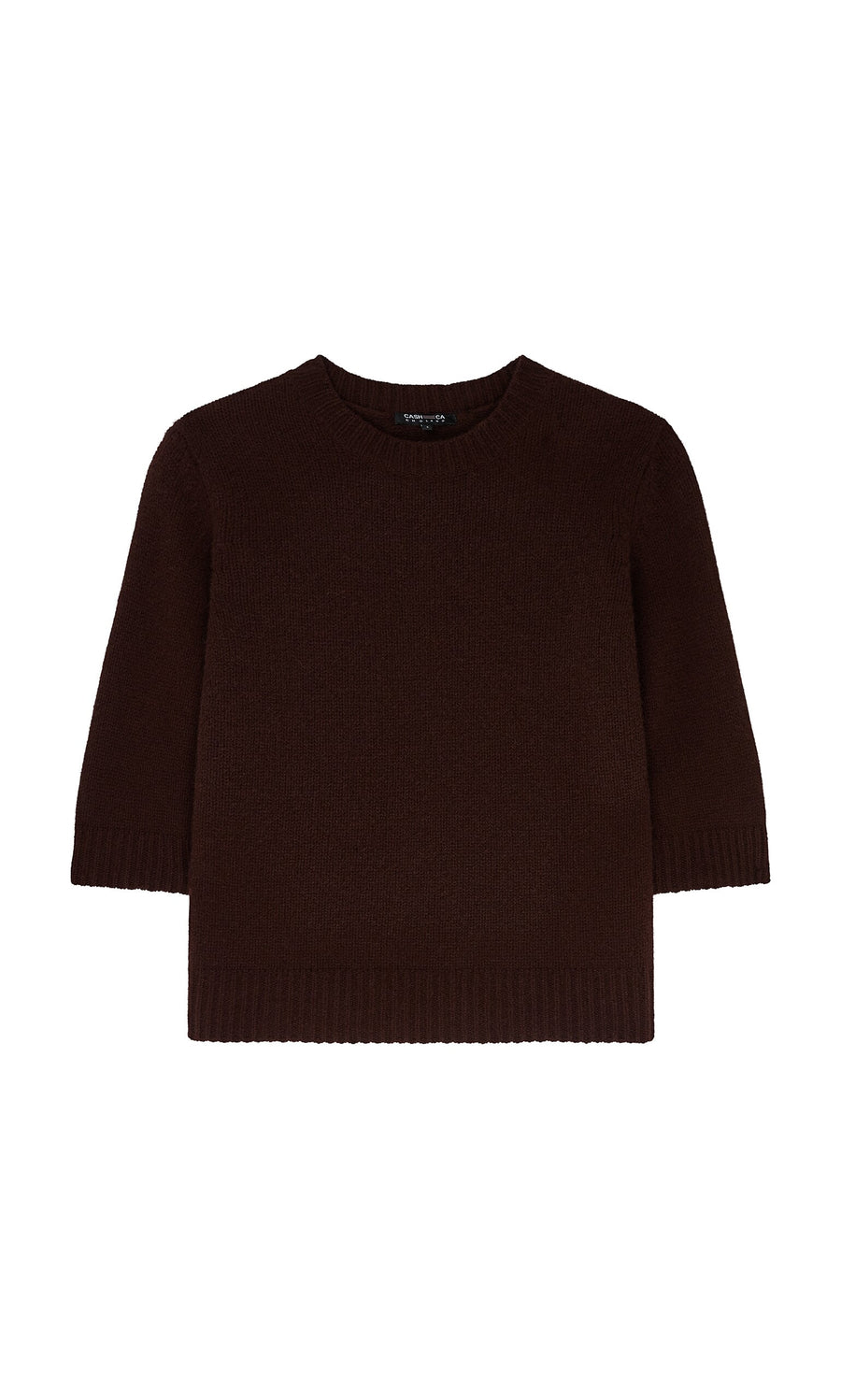 Plümo- The Bancroft Jumper: dark brown, short-sleeve crew neck in supersoft merino wool, boxy fit, shown on white background.