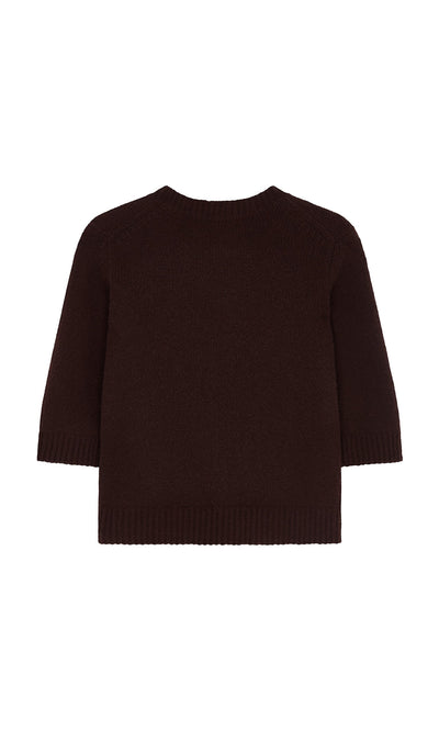 Plümo- The Bancroft Jumper is a dark brown crew neck merino sweater with ribbed cuffs, hem, and a boxy fit, shown flat from the back.
