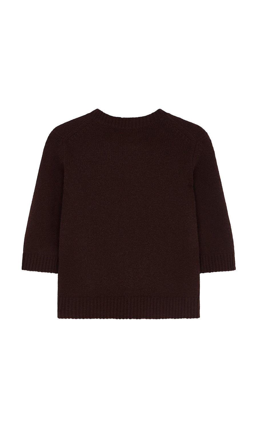 Plümo- The Bancroft Jumper is a dark brown crew neck merino sweater with ribbed cuffs, hem, and a boxy fit, shown flat from the back.
