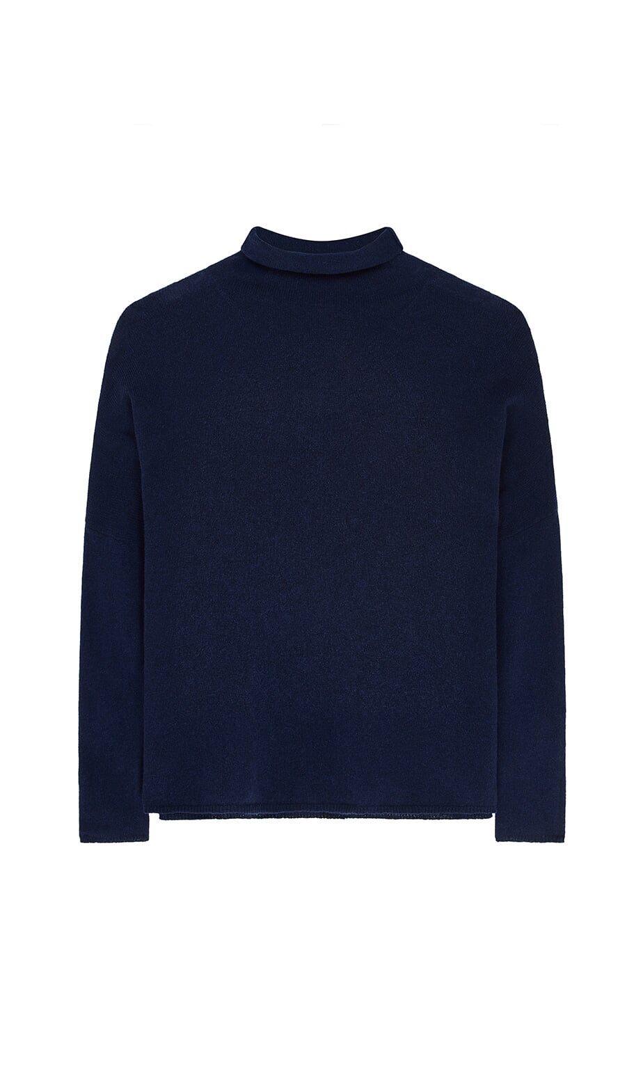 Plümo- Navy Rollneck: A relaxed fit sweater in supersoft yarns with long sleeves and a mock neck, shown on white.