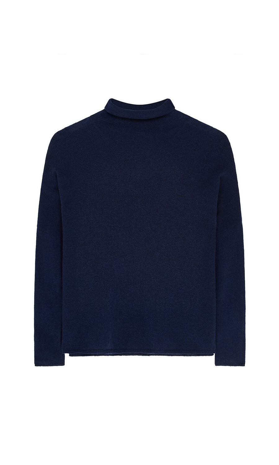 Plümo- Navy Rollneck: A relaxed fit sweater in supersoft yarns with long sleeves and a mock neck, shown on white.