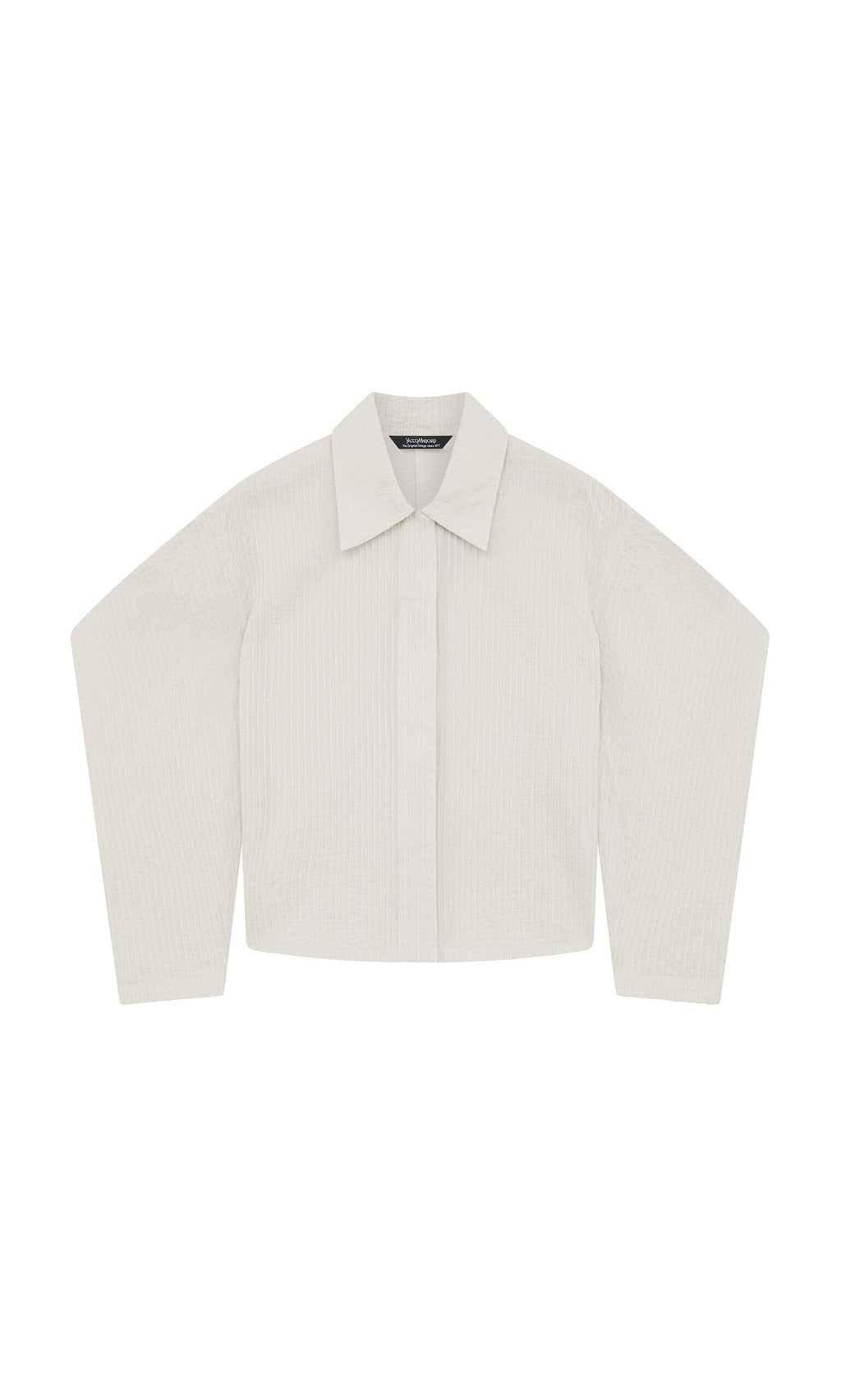 Plümo- The Ting Blouse: a long-sleeved, off-white Japanese shirt with pintuck cotton and bishop sleeves, laid flat.