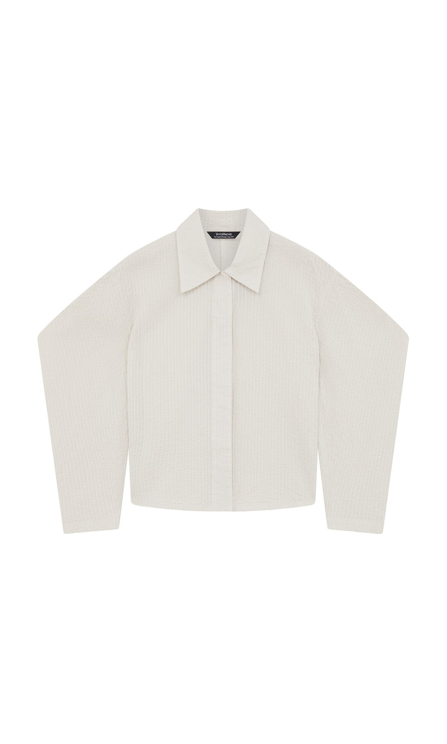 Plümo- The Ting Blouse: a long-sleeved, off-white Japanese shirt with pintuck cotton and bishop sleeves, laid flat.