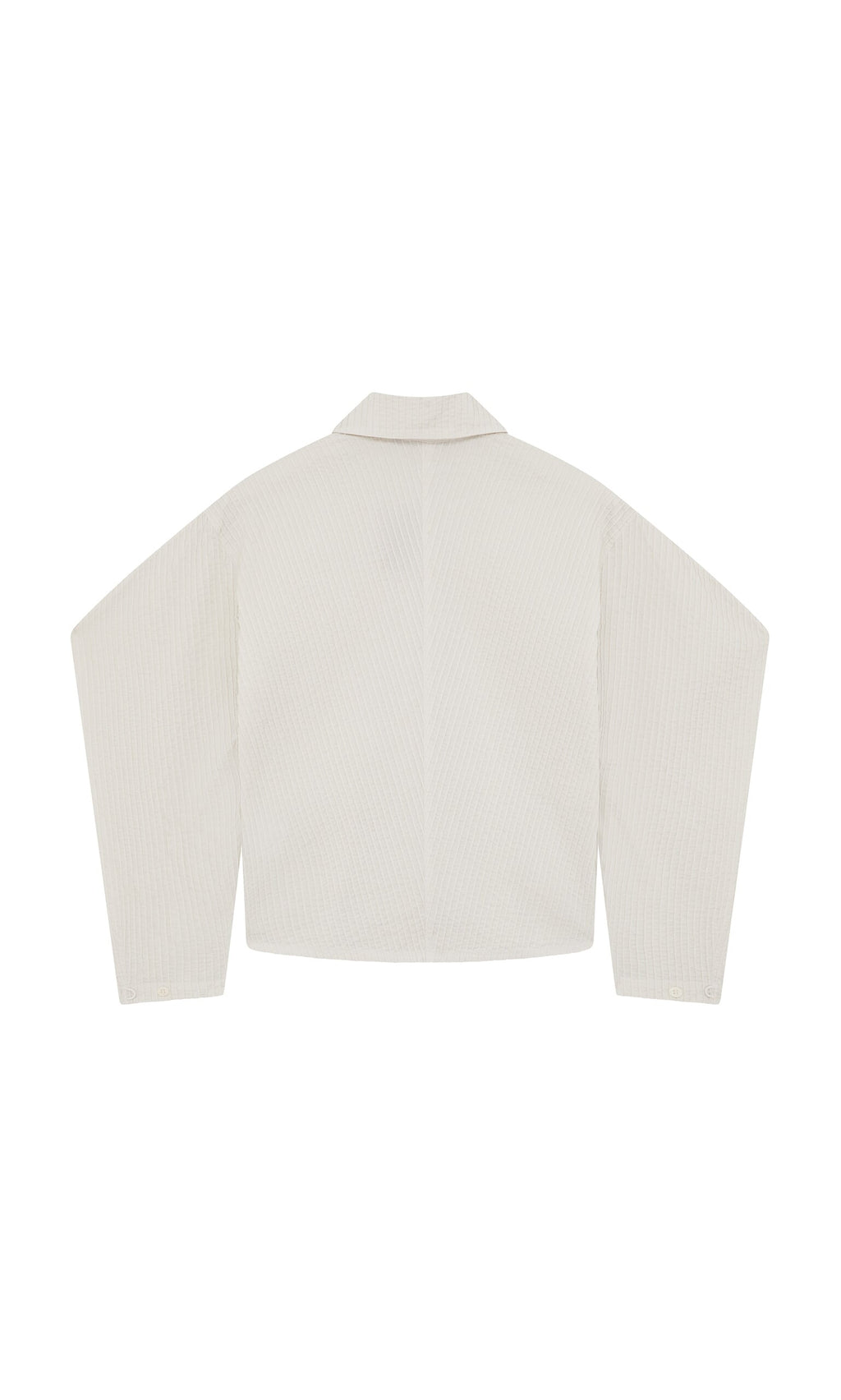Plümo- Back view of the Ting Blouse, a Japanese shirt jacket with long bishop sleeves, collar, and straight hem.
