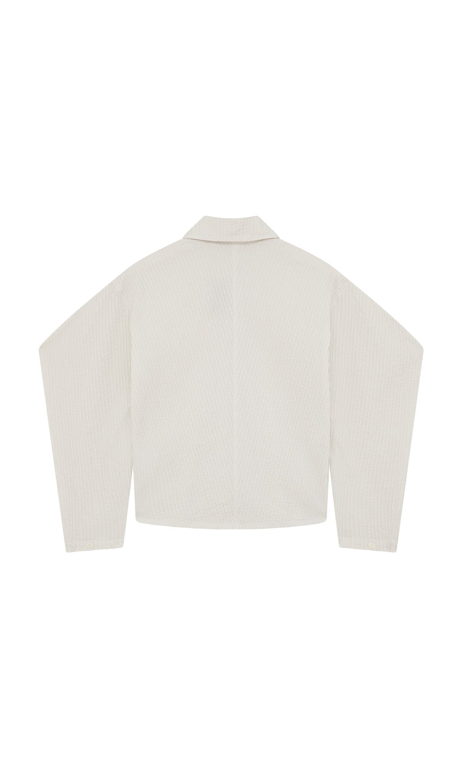 Plümo- Back view of the Ting Blouse, a Japanese shirt jacket with long bishop sleeves, collar, and straight hem.
