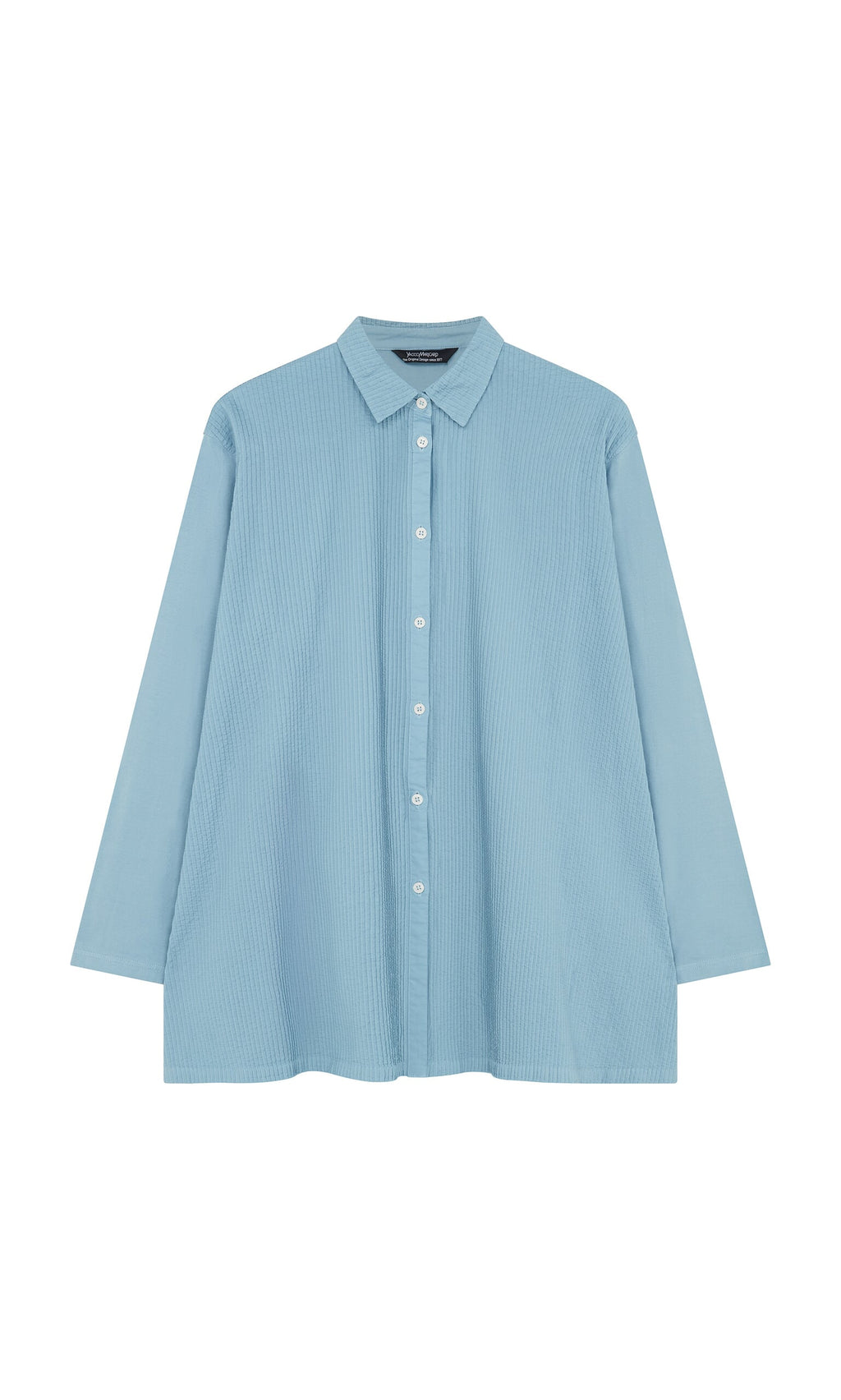 Plümo- Light blue Leung Shirt by Yacco Maricard—pintucked cotton, long-sleeve, collared button-up on white background.