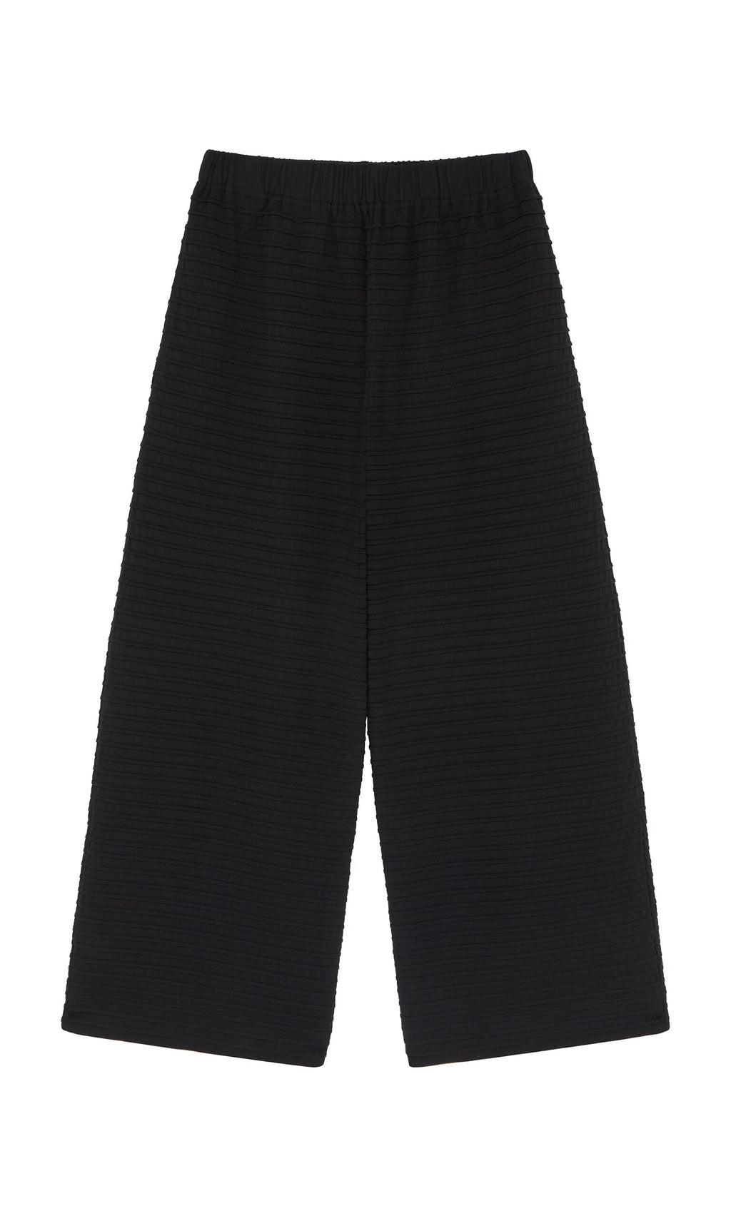 Plümo- Koji Pants: Wide-leg black pintuck trousers with elastic waistband, Japanese design, shown flat on white background.