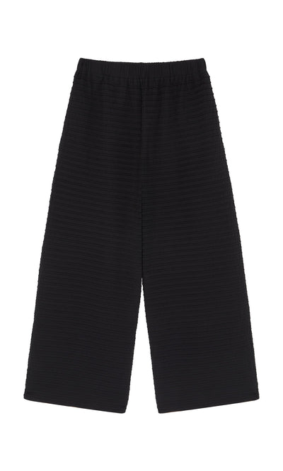 Plümo- Koji Pants: Wide-leg black pintuck trousers with elastic waistband, Japanese design, shown flat on white background.