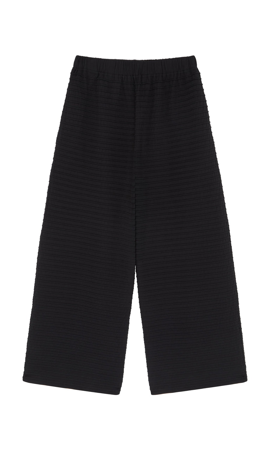 Plümo- Koji Pants: Wide-leg black pintuck trousers with elastic waistband, Japanese design, shown flat on white background.