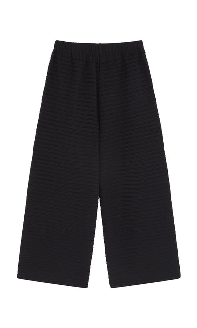 Plümo- Koji Pants: Wide-leg black pintuck trousers with an elastic waistband, Japanese-inspired, shown on white background.