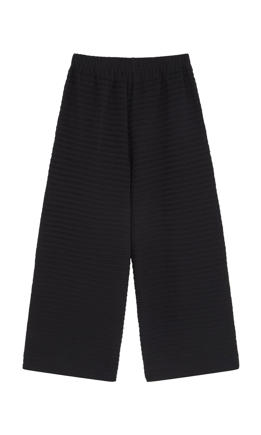 Plümo- Koji Pants: Wide-leg black pintuck trousers with an elastic waistband, Japanese-inspired, shown on white background.