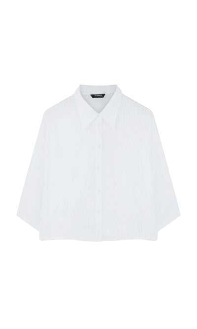 Plümo- Fuji Shirt: White cropped, short-sleeve button-up with collar, Japanese-inspired, shown on plain white background.