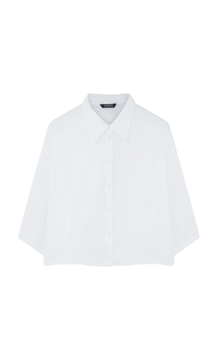 Plümo- Fuji Shirt: White cropped, short-sleeve button-up with collar, Japanese-inspired, shown on plain white background.