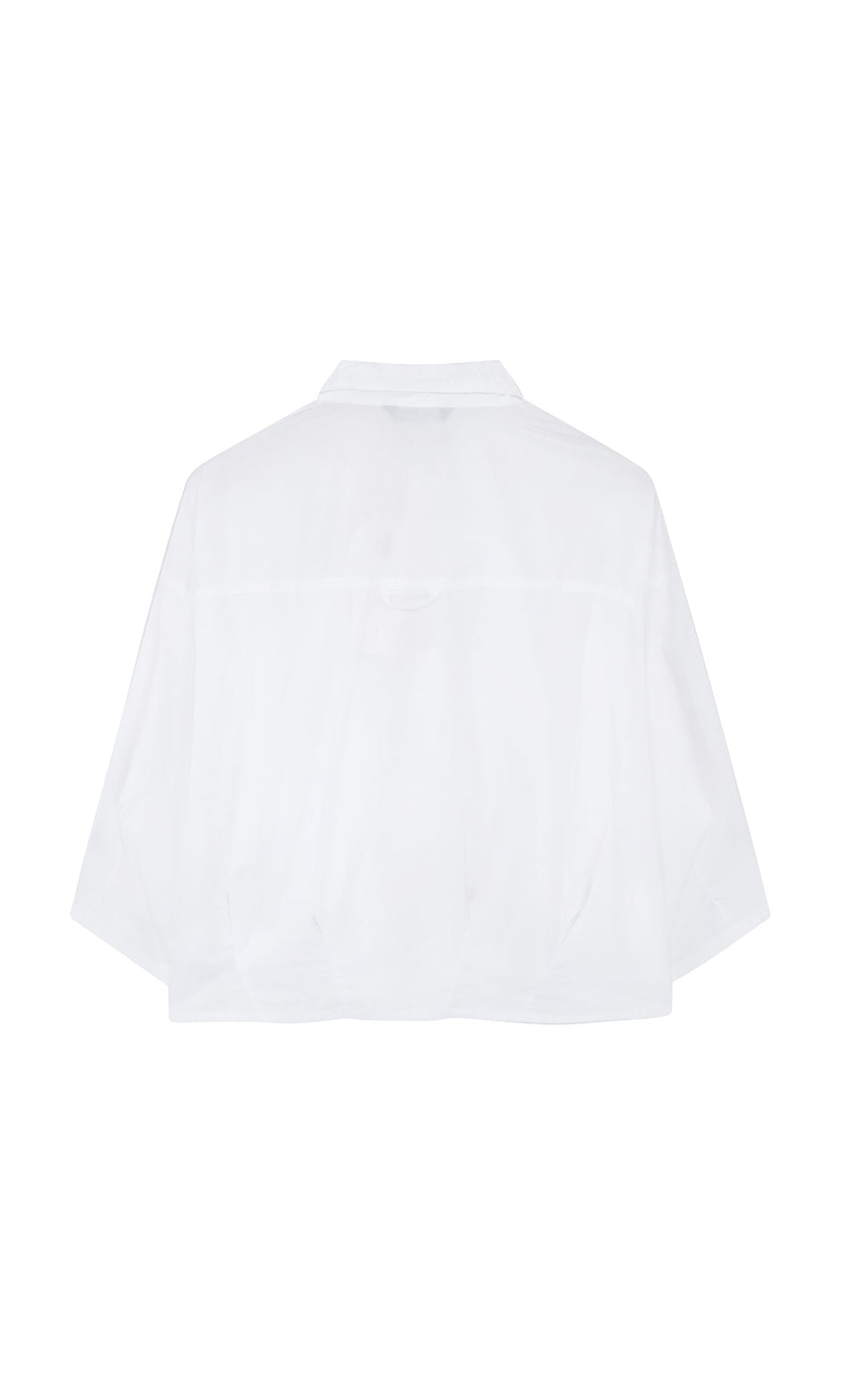 Plümo- Back view of the Fuji Shirt—a white, loose-fit, pleated top with Japanese design and a slightly cropped hem.