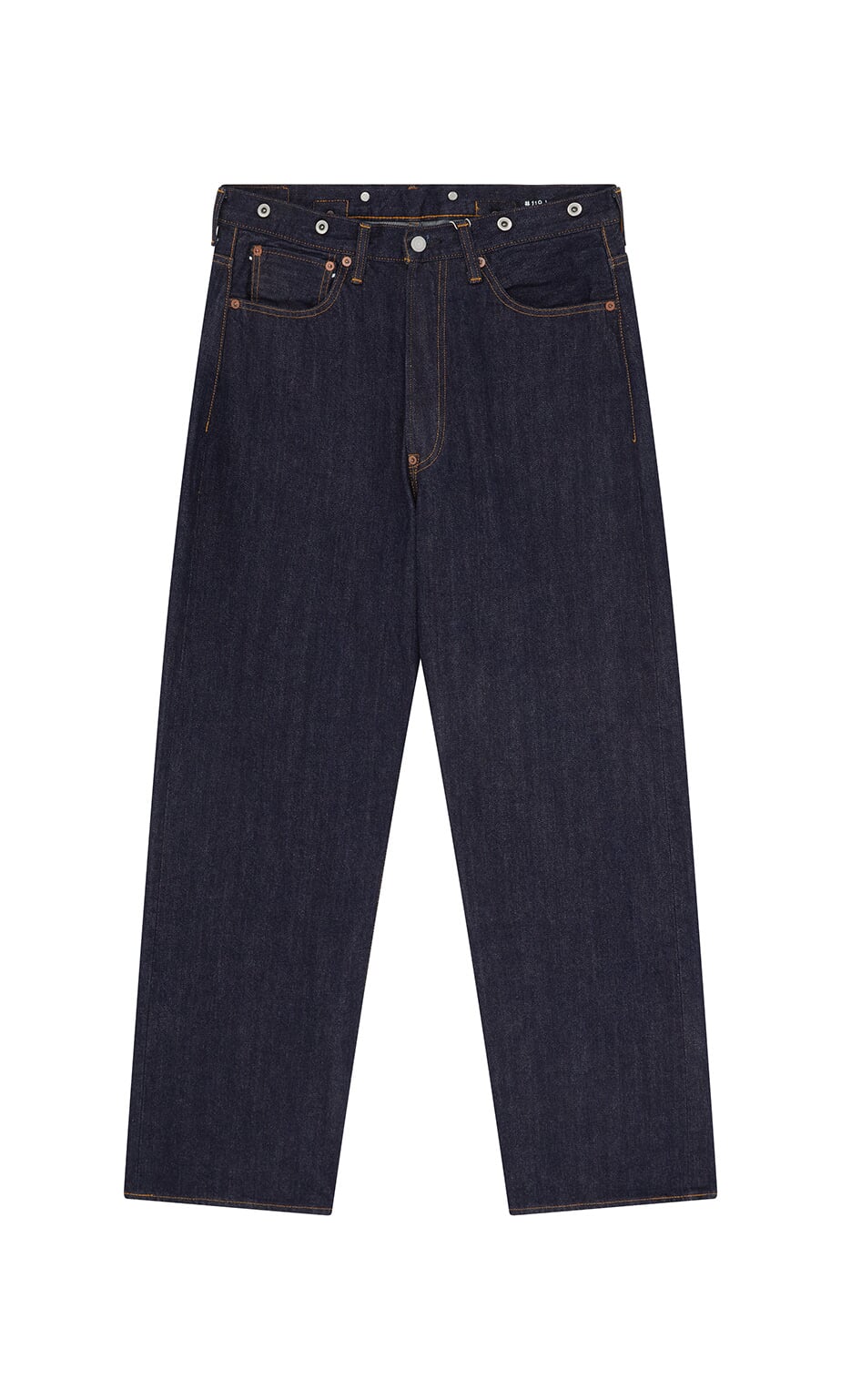 Plümo- Japanese Raw Denim Jeans with brown stitching, silver rivets, and pockets, laid flat on a white background.