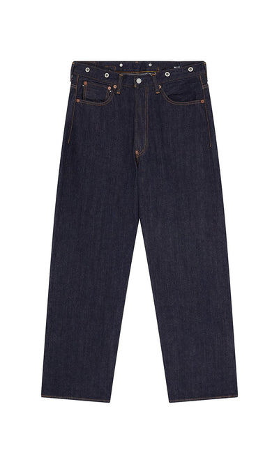 Plümo- Japanese Raw Denim Jeans with brown stitching, silver rivets, and pockets, laid flat on a white background.