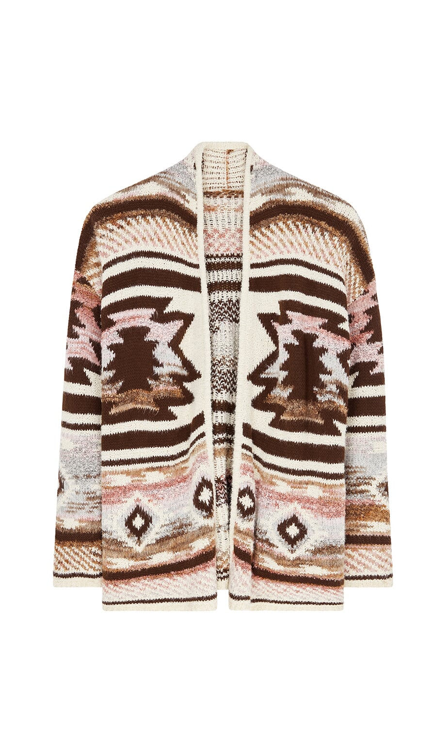 Plümo- The Mika Cardigan is a souffle knit Aztec cardigan with an open front and brown, cream, pink, and gray geometric patterns.