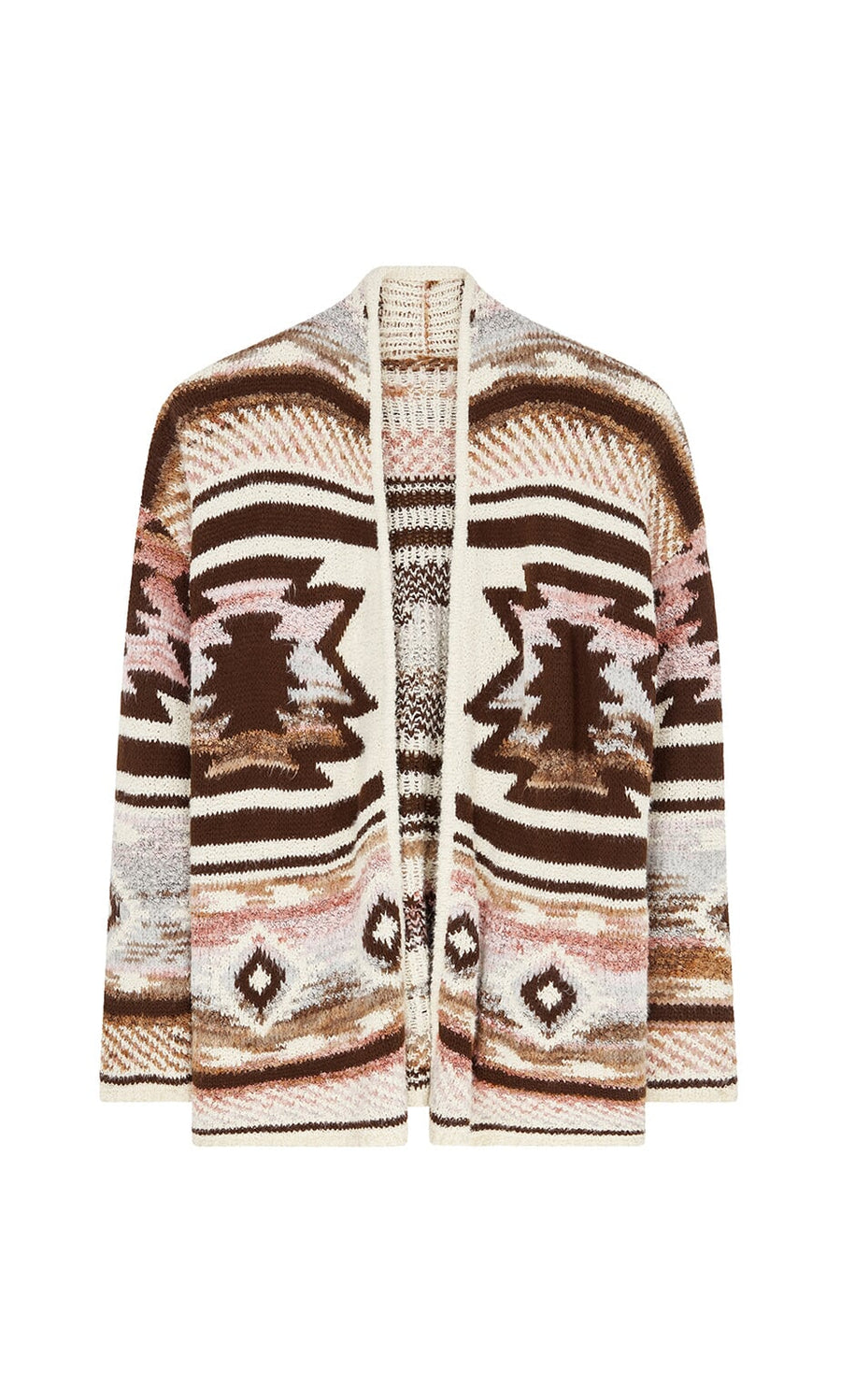 Plümo- The Mika Cardigan is a souffle knit Aztec cardigan with an open front and brown, cream, pink, and gray geometric patterns.