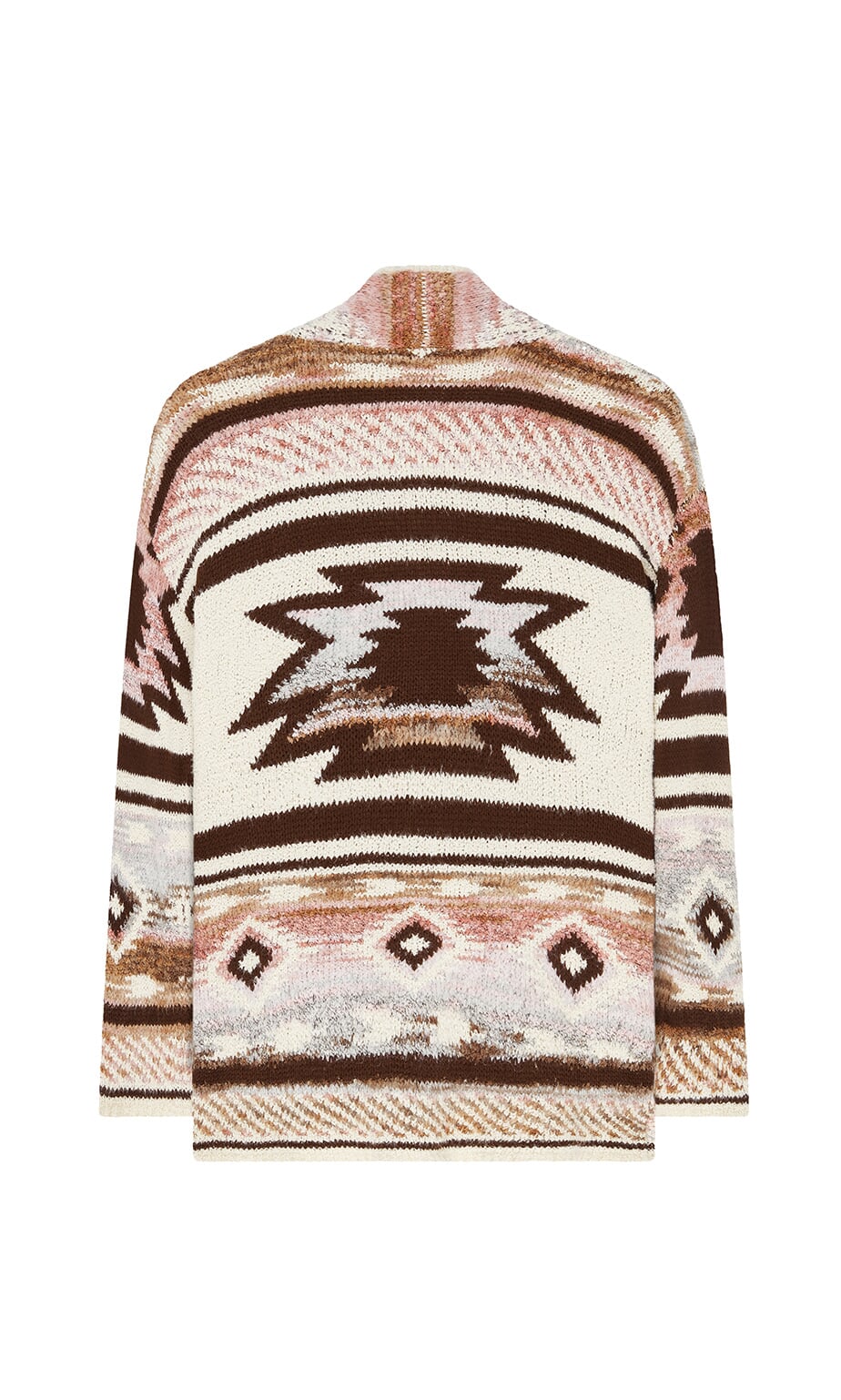 Plümo- The Mika Cardigan is a cream and brown boho sweater with bold geometric, Southwestern-style back and sleeve patterns.