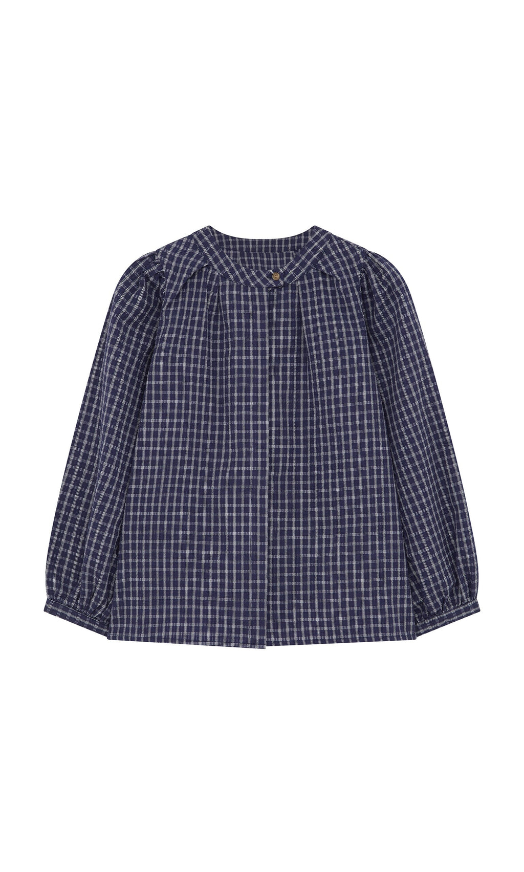 Plümo- Little Prairie Blouse: navy blue check, 100% cotton, long sleeves, round neck, gathered details.