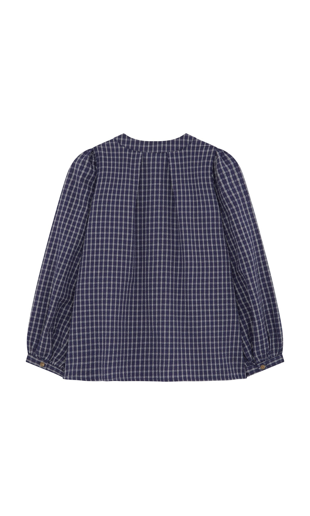 Plümo- Little Prairie Blouse: long-sleeved, loose-fit navy check pattern, shown from the back on a white background.