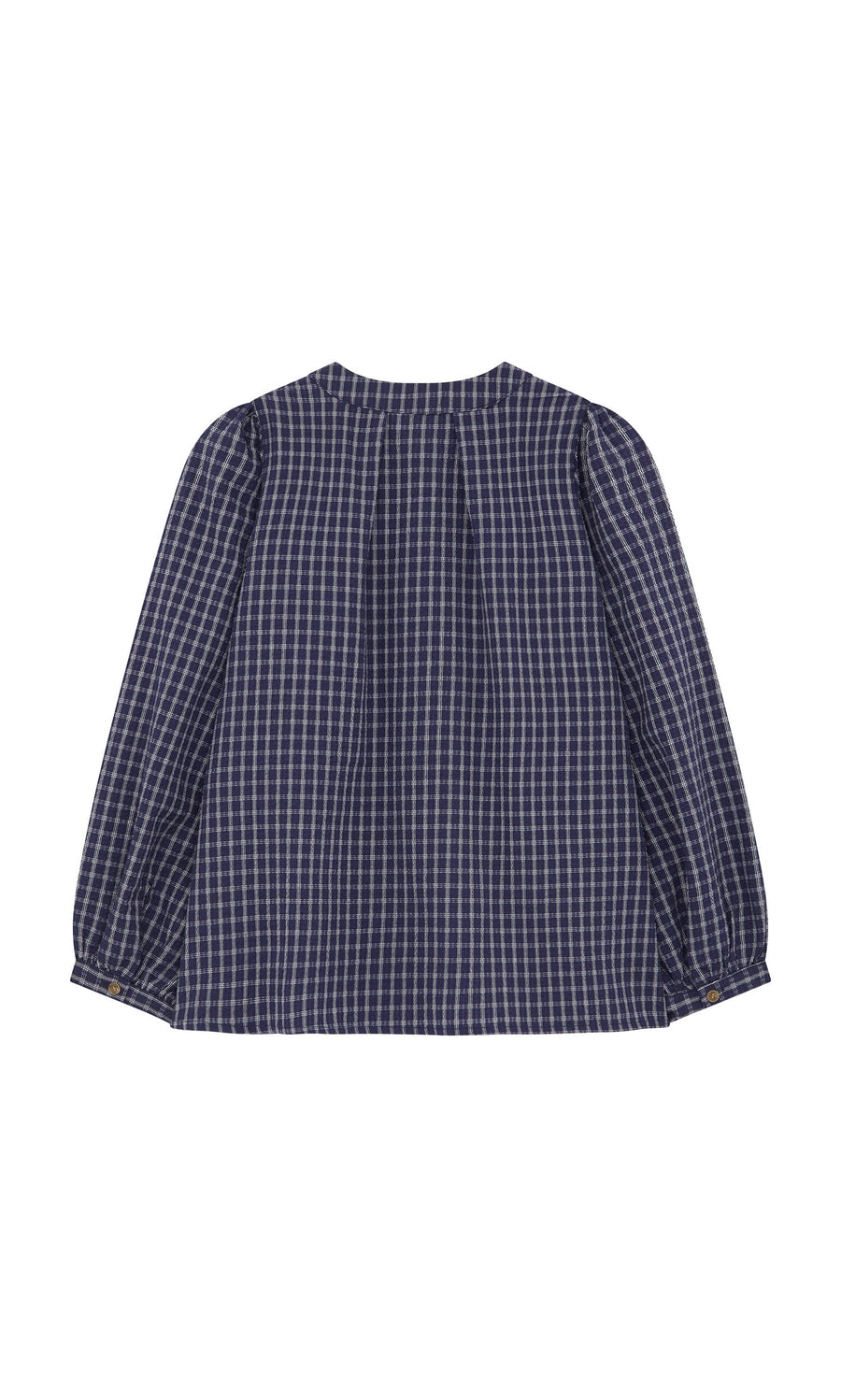 Plümo- Little Prairie Blouse: long-sleeved, loose-fit navy check pattern, shown from the back on a white background.