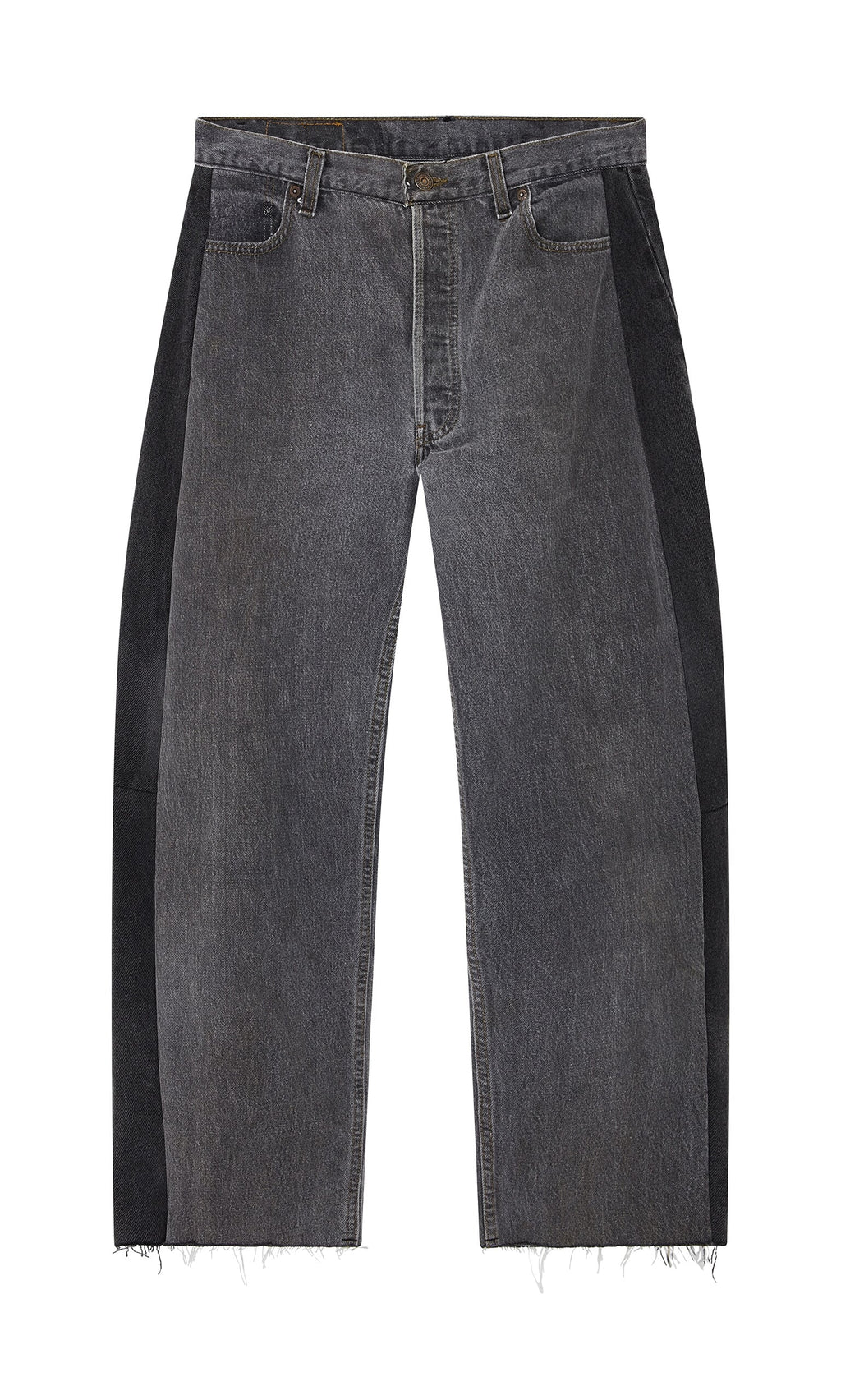 Plümo- Vintage Black Lasso Jeans: wide-leg fit with black side panels and frayed hems, shown flat on a white background.
