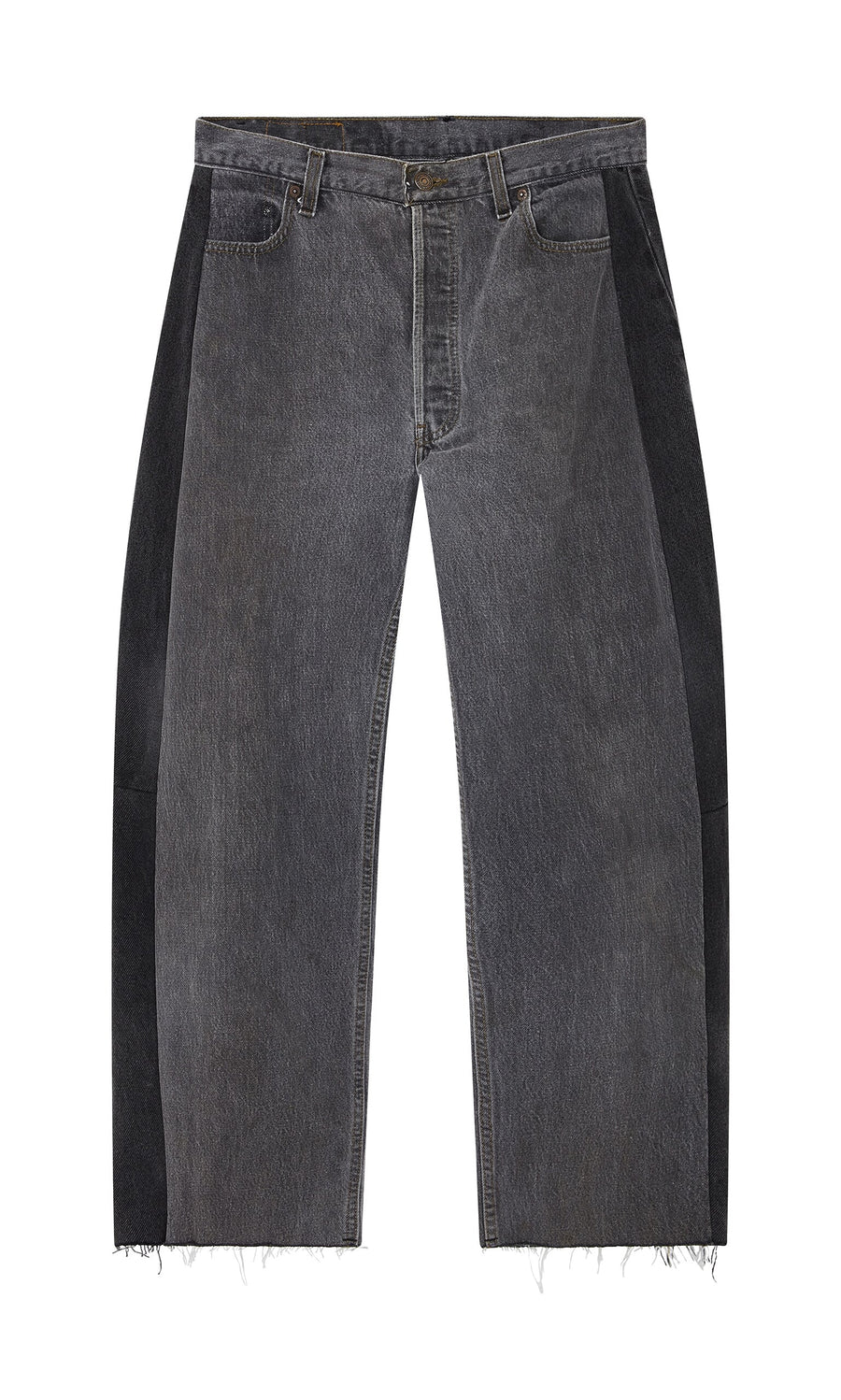Plümo- Vintage Black Lasso Jeans: wide-leg fit with black side panels and frayed hems, shown flat on a white background.
