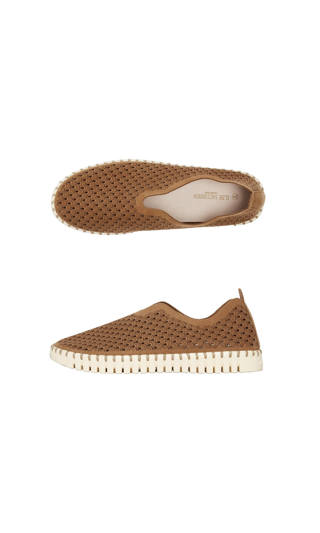 Plümo- Tulip Shoes - Brown: Recycled microfiber slip-ons with white soles, shown side and top view on white background.