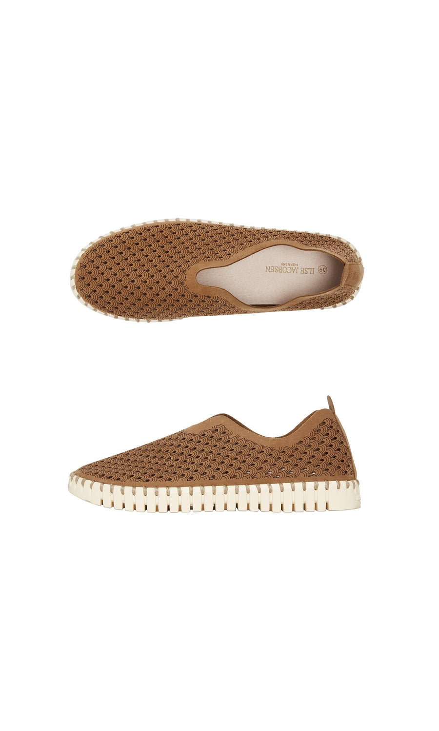 Plümo- Tulip Shoes - Brown: Recycled microfiber slip-ons with white soles, shown side and top view on white background.